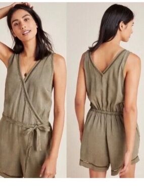 Anthropologie Cloth & stone Burlingame wrap romper olive green size small